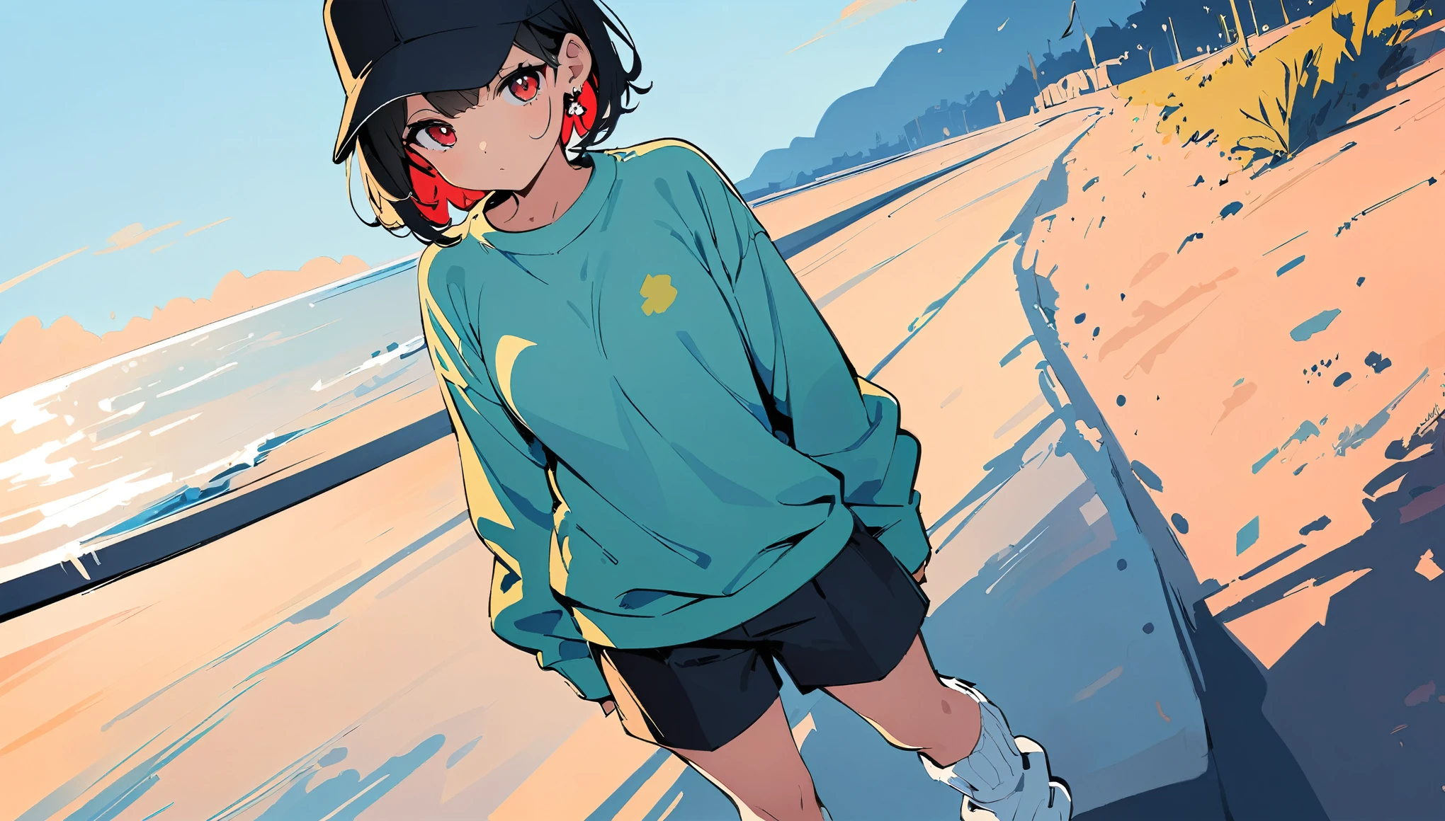 (high quality, 8k, 4K, High Contrast, masterpiece:1.2, 最high quality, Best aesthetics), ((1 female)),Crouching, (Background of blue sky and road along the sea)), ((Flat Color)), (Plain grey long sleeve sweatshirt), ((Black shorts)),(white super loose socks), Looking at the audience, Transparent Background, (Staring at me), Sleepy eyes, High Contrast, Contrasting colors, , ((very short hair)) , Black Hair, Red eyes,, Small star-shaped earrings in both ears, bright eyeshadow,((low angle shot)), Black baseball cap,Lime green sneakers,big tits