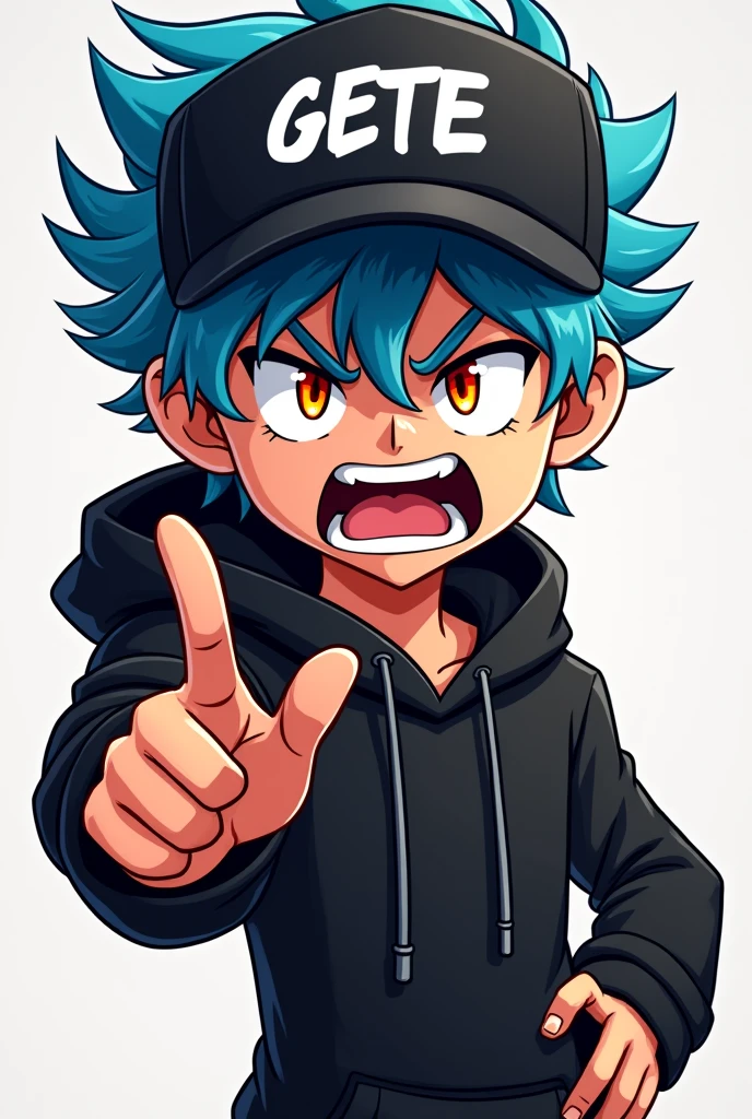 Create a male cartoon character with blue hair wearing a cap that says GETE and wearing black clothes , pointing with one hand and with an expression in his eyes of burning anger