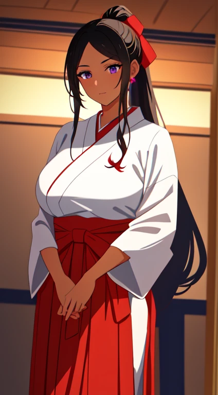 a beautiful young woman, long black hair tied in high ponytail, parted bangs, purple eyes, (tan skin: 1.3)), massive breasts, red hakama, white kimono, 90s anime style, cinematic lighting, highly detailed, masterpiece, 8k, photorealistic, hyper detailed, intricate background, soft lighting, vibrant colors, dramatic shadows, symmetrical composition, expressionless, bored, facing viewer