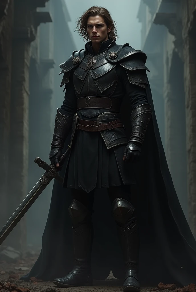 A 20 year old angry European warrior male with long brown hair and brown eyes without a glowing beard wearing a full black outfit holding a magic break sword standing in a dark place and looking to the left