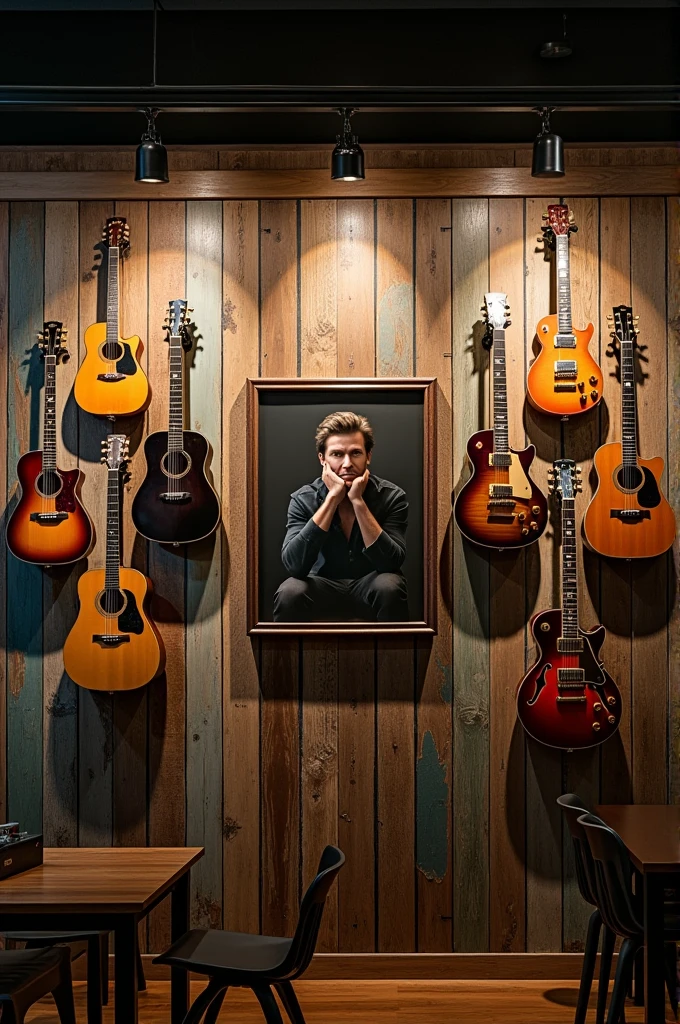 Wall with hanging guitars and portrait