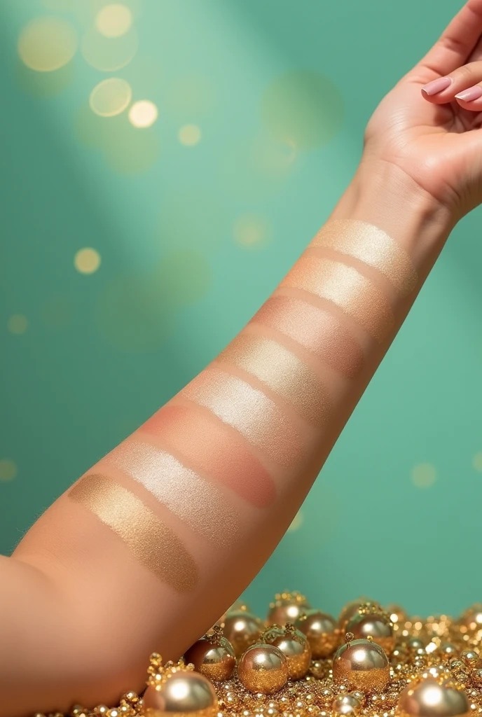 test makeup highlighter with 6 different shades on your arm, with aqua green and gold background