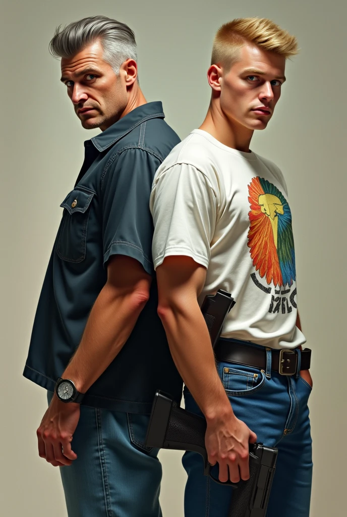 ​masterpiece, realisti, 2 German commissioners standing diagonally behind each other, 1 man very tall standing behind 4 greyish thin short hair jeans and shirt blue eyes on the side a gun in the holster, 1 man 20 years old tall stands in front of the other man blonde hair shaved on the sides and combed to the side blue eyes white colorful printed t-shirt with jeans pants and gun on the side in the holster, 