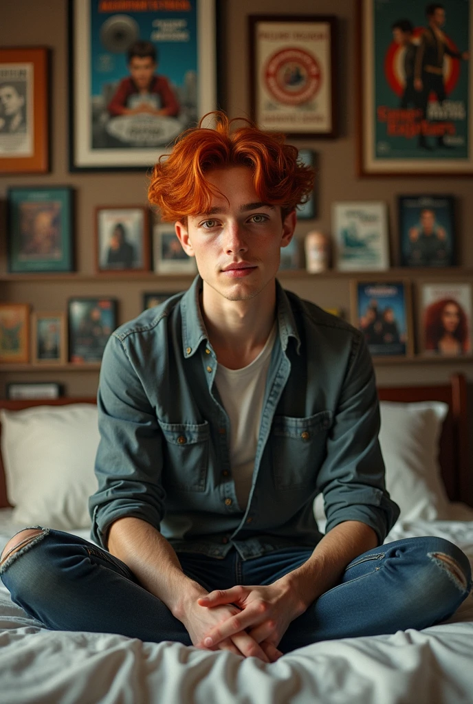 Um homem brasileiro, Youngh,de 25 anos, with red hair, with light brown eyes, realisitic, sitting on your bed in your room with decorations from series and movies 