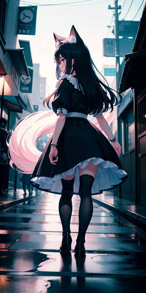 uhd, textured skin, good quality, High details, ​masterpiece, best quality, (Amazingly absurd:1.2), (​masterpiece:1.2), fluffy, 1 fox girl, facing away, turning away, cute long black dress, looking sad, looking down, crying, tears, glowing eyes, shining hair , Whole body love, black long hair, hair bow, white kneesocks full body, Kawaiitech, soft colours, Kawaii, Beautiful colors, alone in the streets, heavy rain, Wet, night 