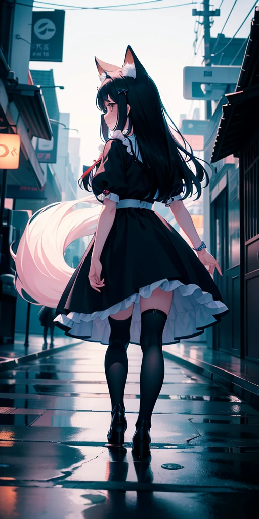 uhd, textured skin, good quality, High details, masterpiece, best quality, (Amazingly absurd:1.2), (masterpiece:1.2), fluffy, 1 fox girl, facing away, turning away, cute long black dress, looking sad, looking down, crying, tears, glowing eyes, shining hair , Whole body love, black long hair, hair bow, white kneesocks full body, Kawaiitech, soft colours, Kawaii, Beautiful colors, alone in the streets, heavy rain, Wet, night