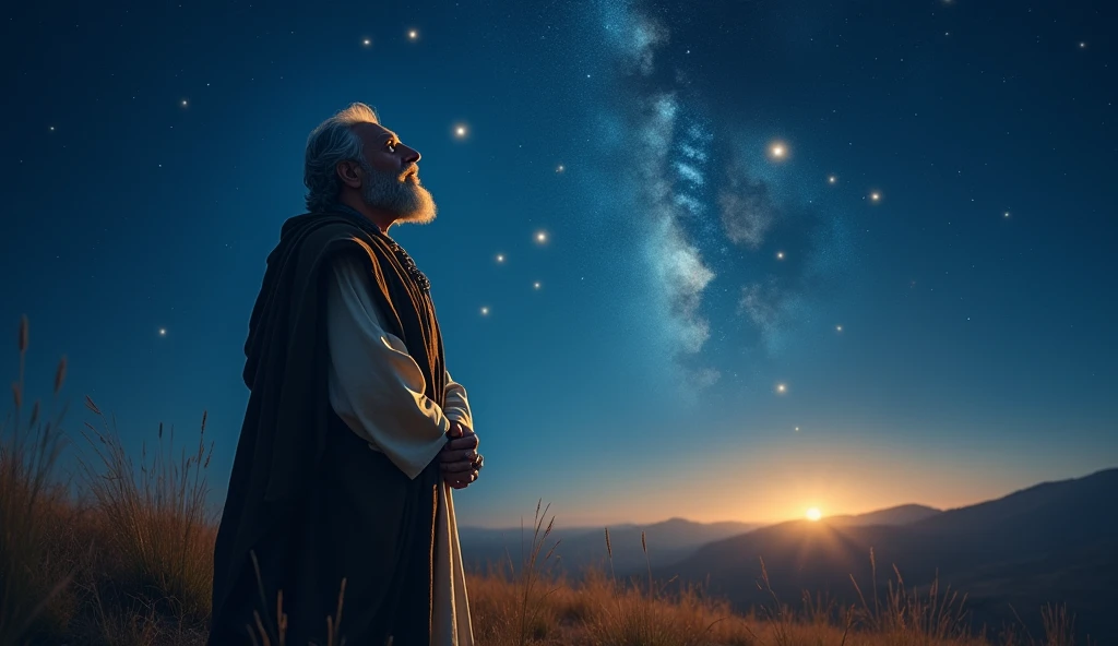 an image of Abraham in a vast field, looking at the starry sky. the expression on his face reflects surprise and reverence. the background is a deep night sky, with bright stars. the predominant colors are blue and gold.