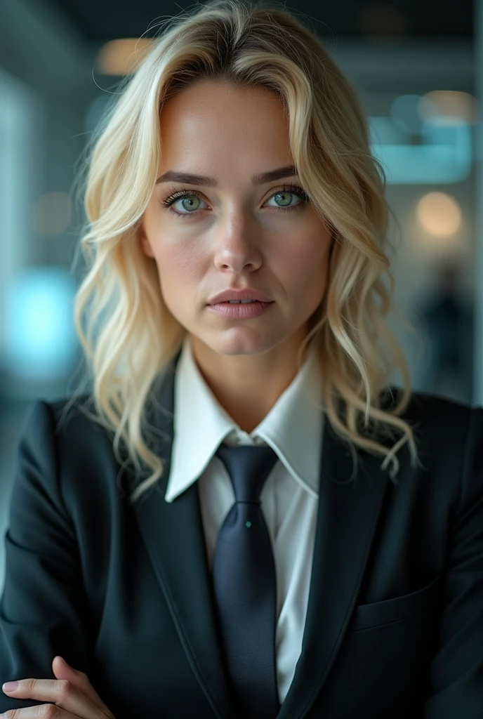 Produce an image of the future me, 30 years old, working as a criminal expert, I am blonde and have green eyes.