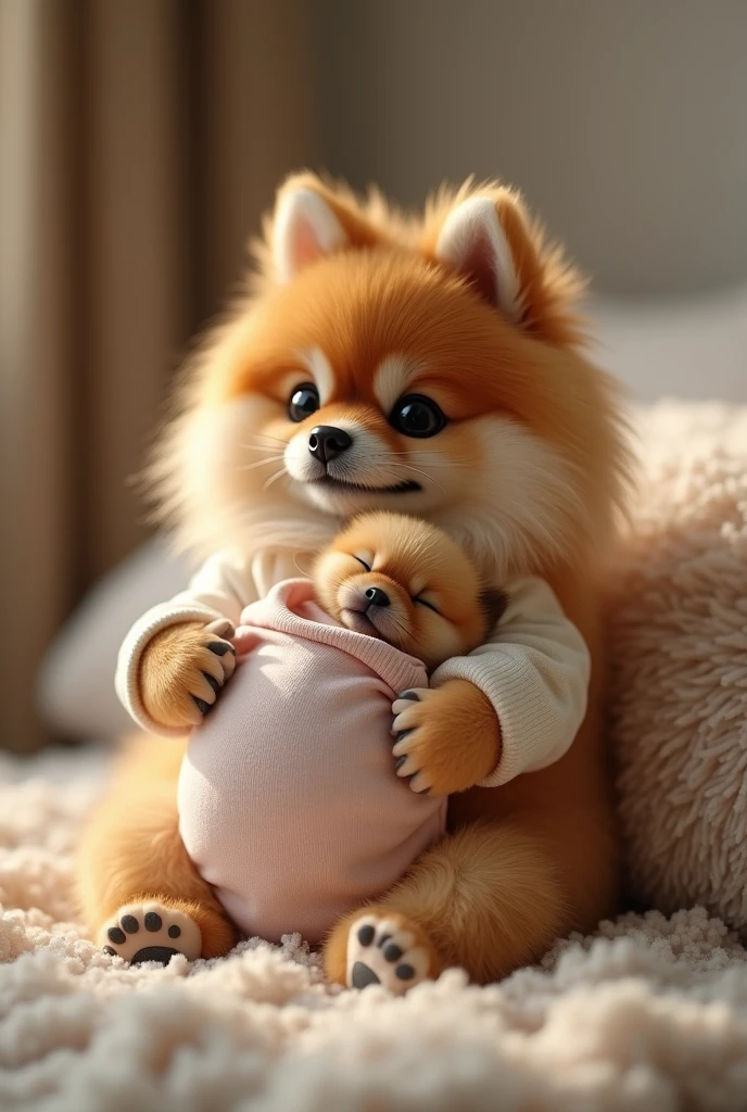 Create a video of your Pekingese wearing maternity clothes holding her little daughter who is wearing baby clothes like humans do, realistic, real, high resolution details, full picture like real