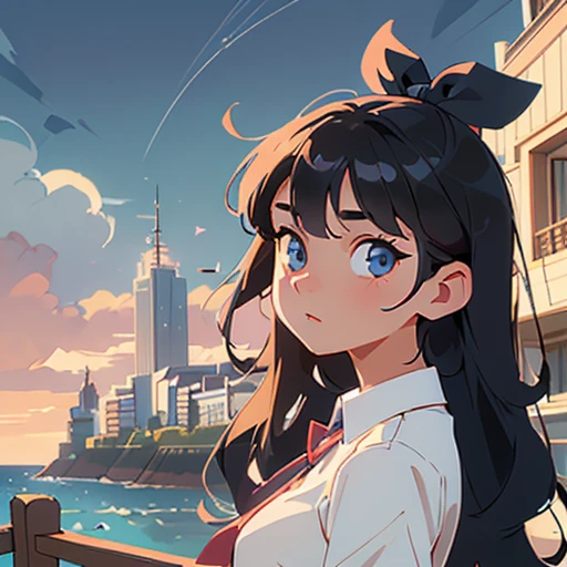 work of art,((clear line)), limited-palette,best qualityer, plain color, low-contrast, ((1 girl)),(((an extremely delicate and beautiful girl))),(beautifull detailed face),(beautiful detailed eyes),{long hair},hair ornaments,((medium breasts)),long black hair,hair ribbon,schoolar uniform , standing,((looking ahead at viewer:1.6)), view from the bottom,beautiful detailed sky,brilliant sky,cloudy sky,lighting sun, (detailed light),Lighting,colorfully,ocean,beachfront, bridge,way to school,skyscraper, Thu, confusion