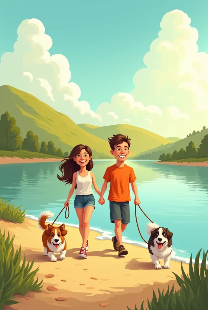 Couple walking dogs cartoon Lake