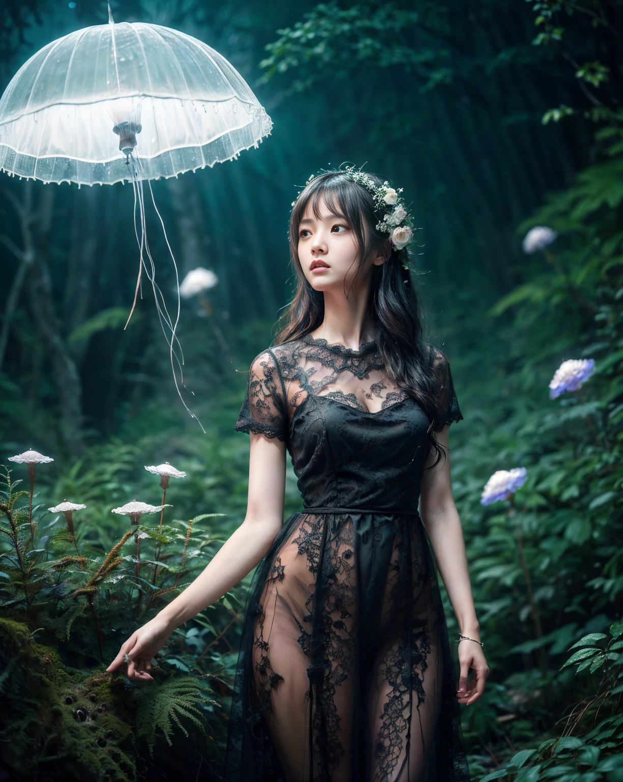 (((In 8K. HDR.Hyperrealism、Masterpiece 1.2、wlop1、Cinematic、Detailed content、Live Photo 1.2, Best quality 1.2、 Very detailed、Very detailed、Perfect Shading、Low angle full body shot 1.2、1 photo、Artistic photography、Artistic photography、Commercial Photography 1.2、50mm 、Film Grain、))). (Lace dress、Countless jellyfish floating in the air、)、(Japanese women、20 years)、(Five Fingers)、(Focus on the characters、Blur the background、Midnight Shooting), (In the dark forest、Deep in the forest at night、Spooky atmosphere、Beksiński-style background'Paintings of、fear、Insanity)、 (Shade lighting、Standing position、Angle from the front、Take a full body photo)、(Small breasts 1.2)、(White skin、Realistic Skin、Hairy skin)、(Black Hair、Short Bob、bangs、おでこが隠れるbangs)