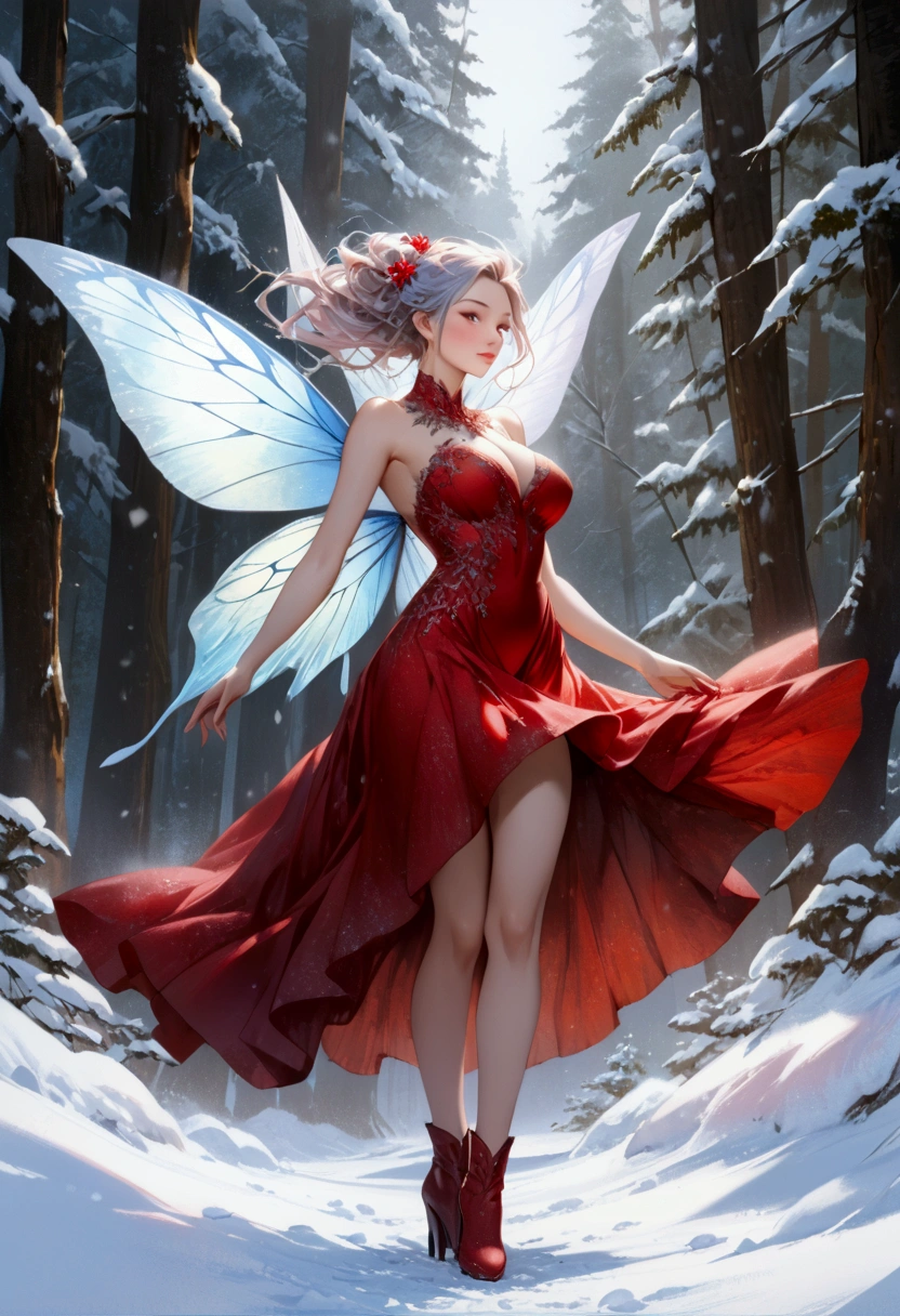 (oil painting art: 1.5) a most beautiful fairy playing in the snow, a beautiful fairy, ((full body shot: 1.5)), (best detailed face: 1.3), spread butterfly wings, dynamic hair color, dynamic hair style, busty, wearing red silk dress, intricate silk, wearing high heels boots, she is playing the snow, fresh snow in the forest, high snow, wide shot, High Detail, Ultra High Quality, High Resolution, 16K Resolution, Ultra HD Pictures, Ultra Realistic, Clear Details, Realistic Detail, Ultra High Definition, oil pastel