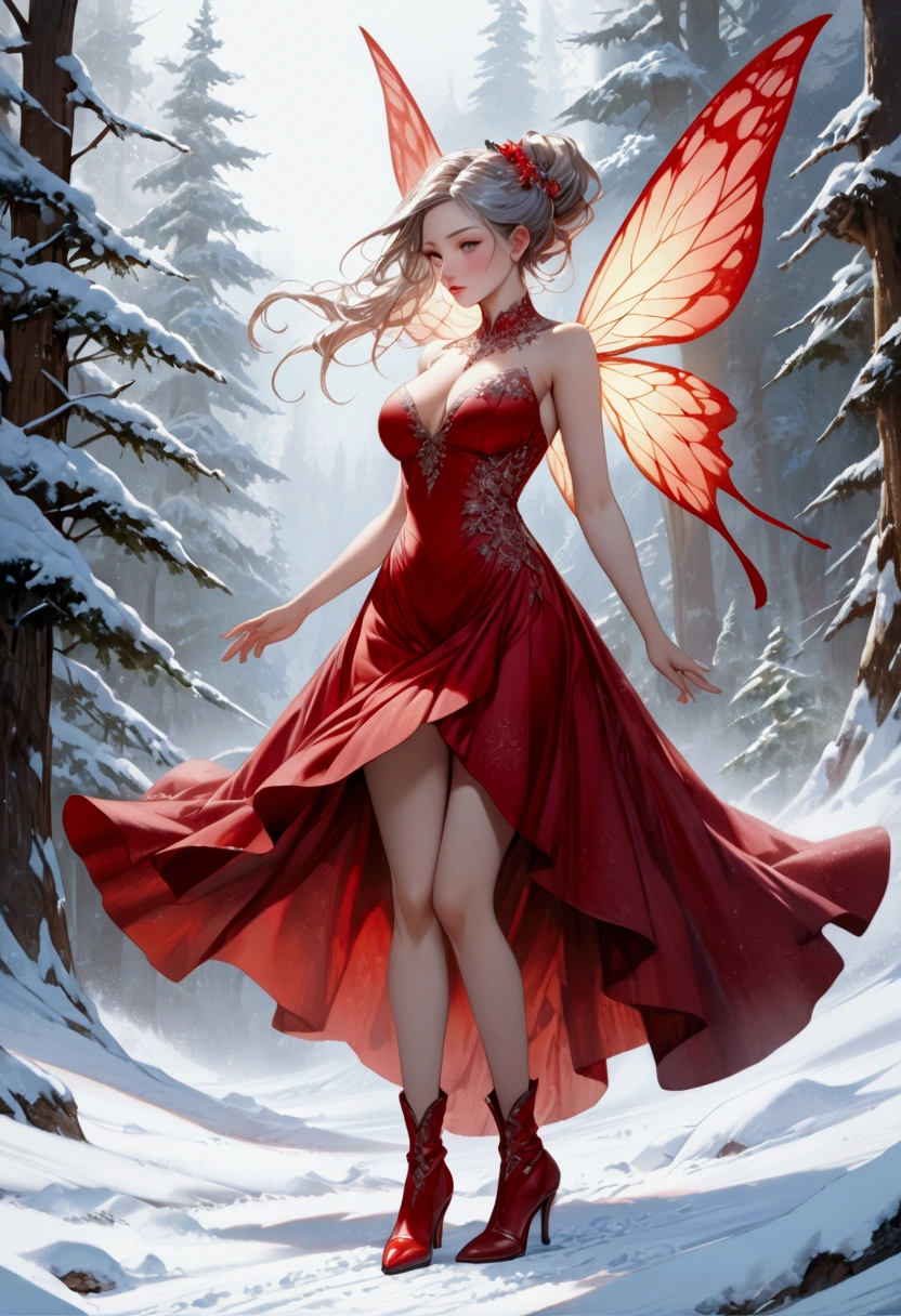 (oil painting art: 1.5) a most beautiful fairy playing in the snow, a beautiful fairy, ((full body shot: 1.5)), (best detailed face: 1.3), spread butterfly wings, dynamic hair color, dynamic hair style, busty, wearing red silk dress, intricate silk, wearing high heels boots, she is playing the snow, fresh snow in the forest, high snow, wide shot, High Detail, Ultra High Quality, High Resolution, 16K Resolution, Ultra HD Pictures, Ultra Realistic, Clear Details, Realistic Detail, Ultra High Definition, oil pastel