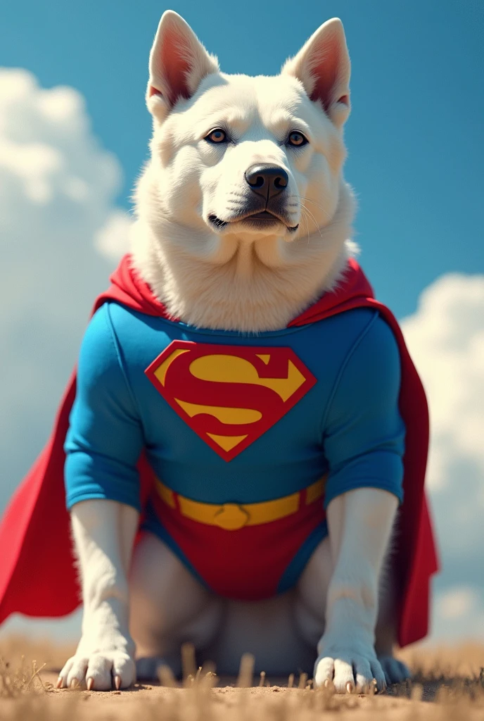 A big white dog in a superman suit