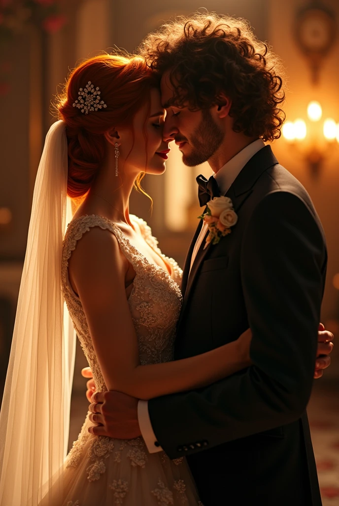 a young beautiful ginger bride, the groom with curly brown hair, wedding ceremony, sharp jawlines, (best quality,4k,8k,highres,masterpiece:1.2),ultra-detailed,(realistic,photorealistic,photo-realistic:1.37),professional, cinematic lighting,dramatic shadows,glowing skin,intricate details,ornate wedding dress,elegant suit,emotional expressions,intimate moment,warm colors,romantic atmosphere
