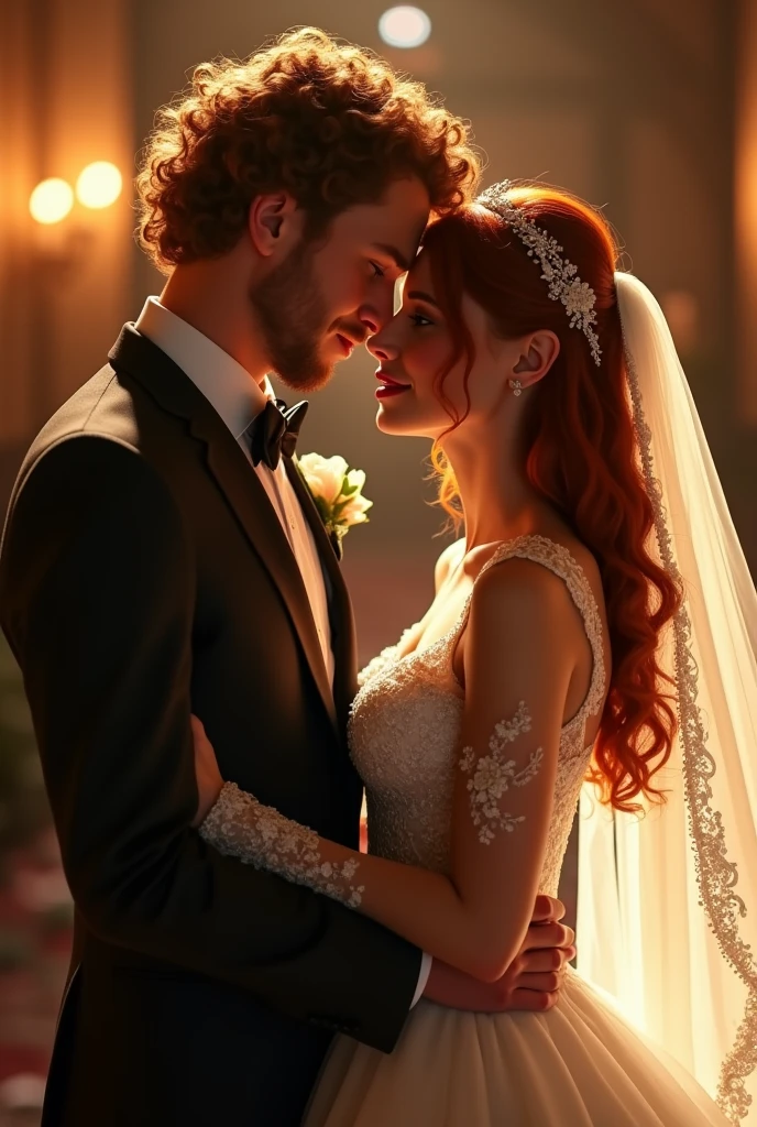 a young beautiful ginger bride, the groom with curly brown hair, wedding ceremony, sharp jawlines, (best quality,4k,8k,highres,masterpiece:1.2),ultra-detailed,(realistic,photorealistic,photo-realistic:1.37),professional, cinematic lighting,dramatic shadows,glowing skin,intricate details,ornate wedding dress,elegant suit,emotional expressions,intimate moment,warm colors,romantic atmosphere