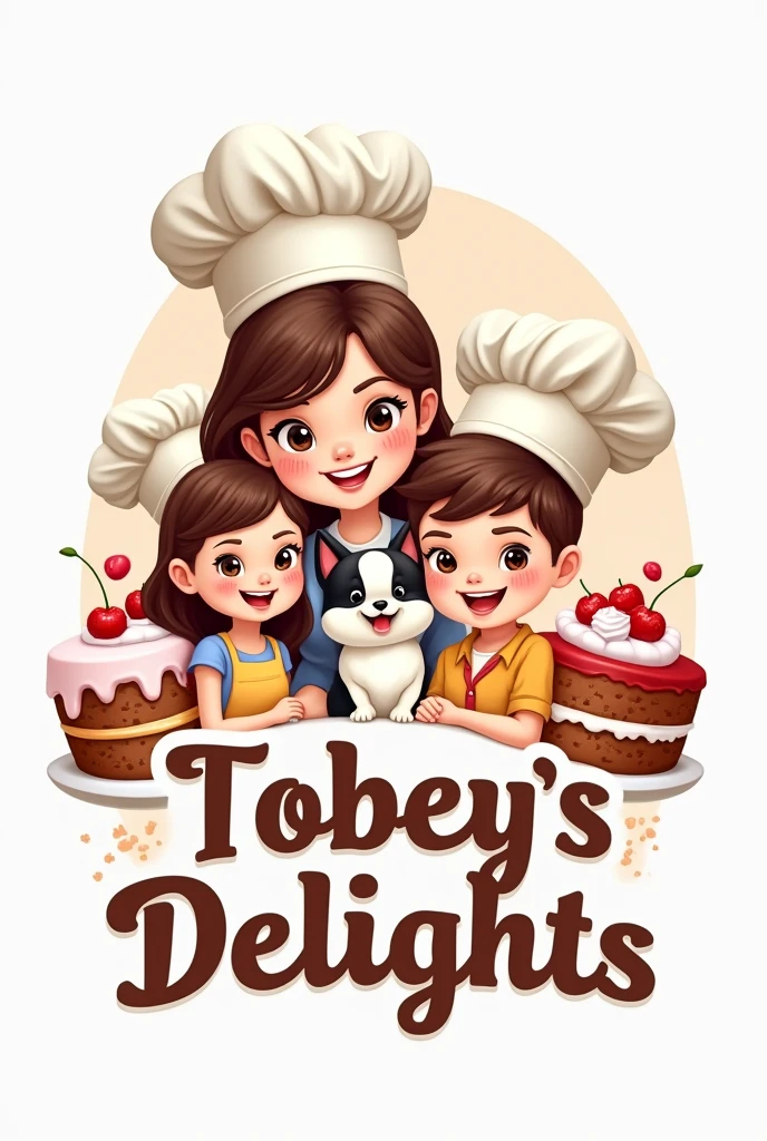 logo of woman with her teenage daughter and with her teenage son and with her baby dog with black head and white body, all with chef hats and surrounded by cakes and with the phrase "Tobey's Delights"