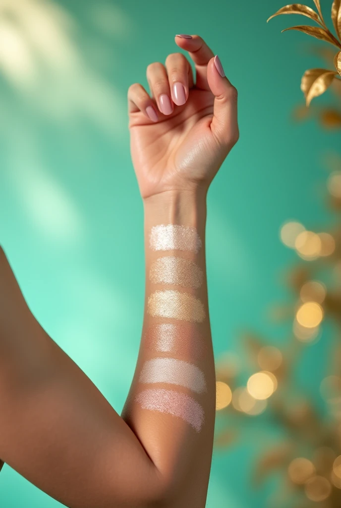 test makeup highlighter with 6 different shades on your arm, with aqua green and gold background