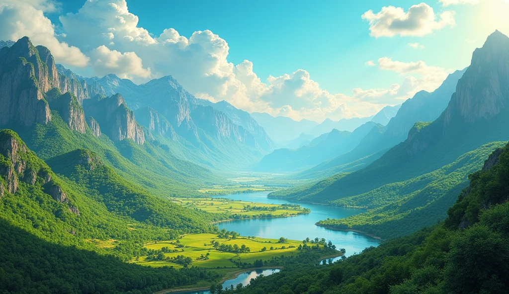 A panoramic view of the Promised Land, with mountains, vouchers and a meandering river. Sunlight illuminates the scene, creating an effect of hope and promise. The colors are vibrant, with predominant greens and blues.