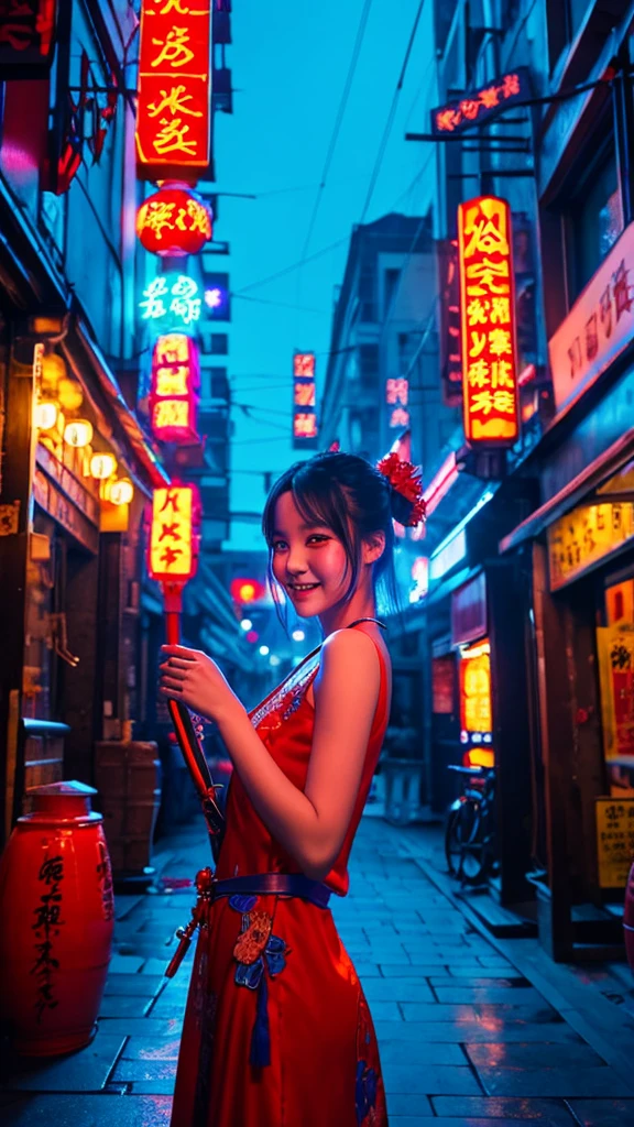 Holding the Blue Dragon Sword、Girl in red Chinese dress。Sword and blood on face。Bun Hair。Cold Smile。Background night downtown Shanghai。Neon Signs。Electric spectaculars。Backlight。Art Nouveau。Modern painting。