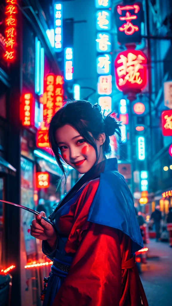 Holding the Blue Dragon Sword、Girl in red Chinese dress。Sword and blood on face。Bun Hair。Cold Smile。Background night downtown Shanghai。Neon Signs。Electric spectaculars。Backlight。Art Nouveau。Modern painting。
