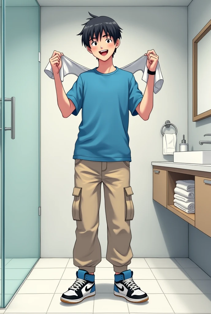 into the image, a cool male teenager with 1,80 tall, with white skin and straight black hair, is posing in a bathroom. He wears a blue t-shirt and beige cargo pants., complemented by a pair of Air Jordan sneakers in blue, black andwhite. The young man is holding 1 pair of underwear (of the boxer model), this underwear is white (of the size he uses) with both hands, displaying it to the "Camera", with a happy and relieved expression. The bathroom in the background is modern and minimalist., with details like a large mirror and light tiles. The teenager's expression is relaxed and fun, besides him appearing relieved, giving a casual and informal tone to the image, In anime style, ele segura 1 cueca of the boxer model de tamanho que esse adolescente usa, He's not wearing any underwear and looks like he just took it off.!