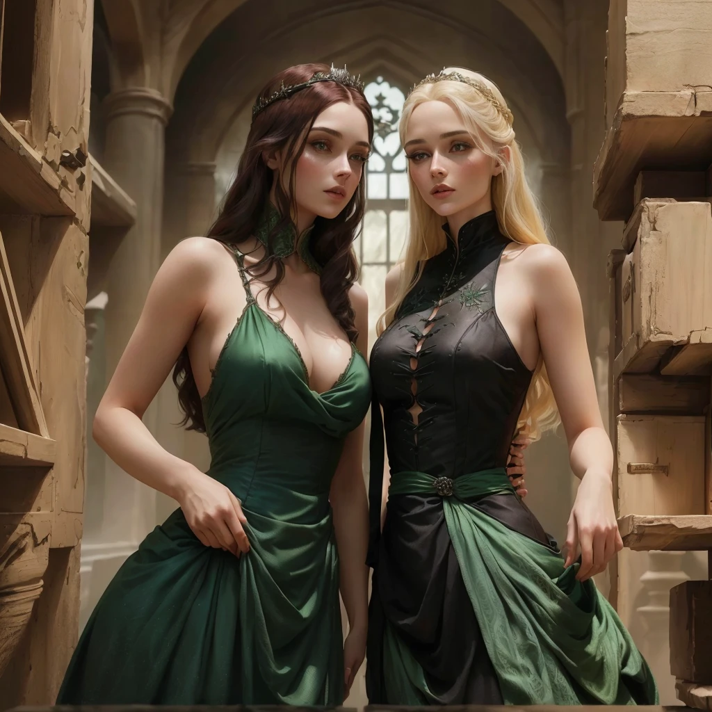 two women in elegant royal dresses standing next to each other in a room, fantasy style clothing, two models in the frame, style of game of thrones, beautiful sci - fi twins, fantasy clothing, medieval style, vests and corsets, 5 0 0 px models, fantasy photoshoot, medieval high fashion, she wears a dark green dress, game of thrones style, one of them is alicent hightower redhead in green dress, second woman is queen Rhaenyra Targaryen, blonde in red black dress 