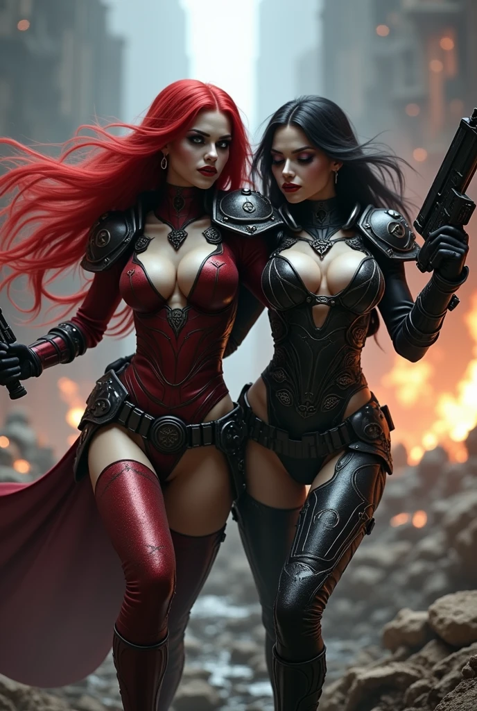 Full body pose Angelina Jolie, Jennifer Saunders, sexy sisters of battle from the warhammer 40k, shooting at the enemy, red space marine armor with intricate details, white space marine armor with intricate details, symbols on the armor, sisters of battle, warhammer 40k, Massive exposed silicone breast, pale skin, seductive, temptation, eat your soul, clevage, long red flowing hair, long black flowing hair with purple highlights, heavy gothic makeup, at night, neon, beautiful detailed eyes, beautiful detailed lips, extremely detailed eyes and face, long eyelashes, highly detailed armor, intricate futuristic weaponry, dramatic lighting, cinematic composition, muted color palette, gritty and realistic, mecha, science fiction, hyper-detailed, photorealistic, award winning digital art, 8k, HDR, masters work, in the middle of a battle field, full body combat action pose, explosions and fire around, full war, stunning, Stilleto heels, high heels, full body pose, cinematic, movie trailer, final stand!, nemesis, ready to strike, dust and debree, combat screams, attacking, shooting at the enemy, running forward, last line of defense, charging, fanatic, religious, templar knights, sisters of battle, warhammer 40k, shooting at the enemy, bimbo gigantic exposed breast, jetpacks, space marine, stilleto heels, cinematic light, cameltoe pussy, beautiful pussy, wet pussy, wet body, oiled body, gigantic breast, dynamic super sexy combat action pose