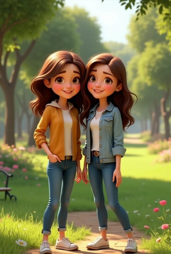 2 white women brown hair, adults together full body pixar style in a park