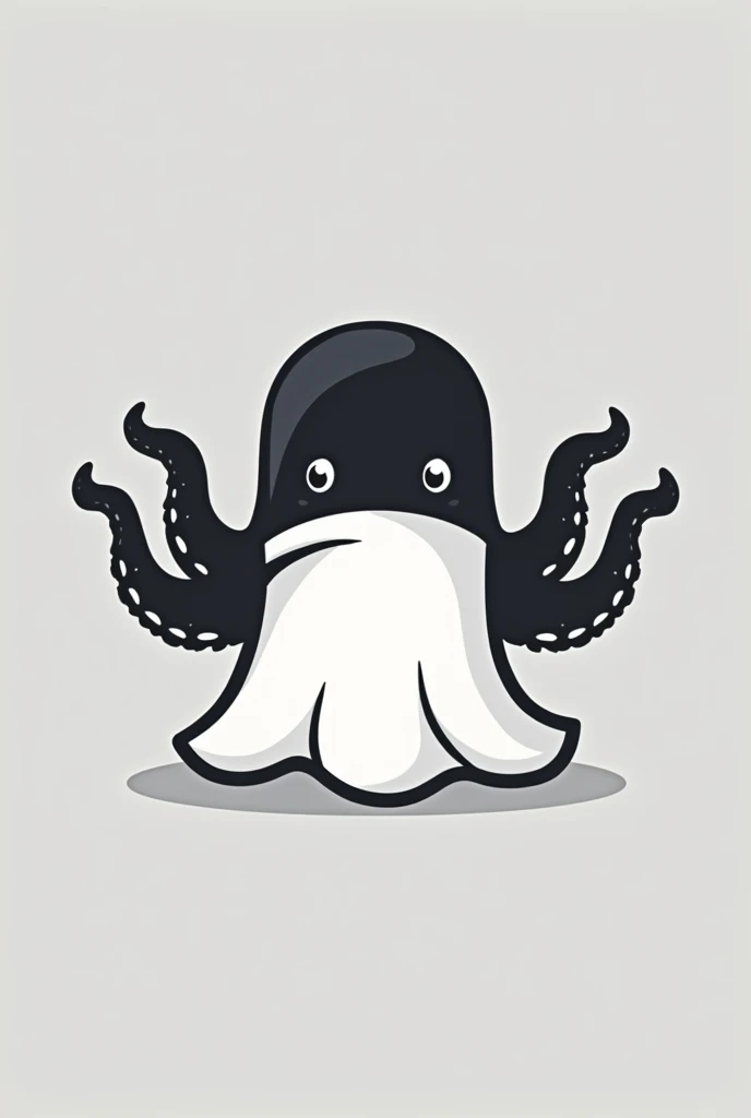 Logo video game company, an octopus wearing a bedsheet pretending to be a ghost, flat icon, black and white, black octopus, white bedsheet 