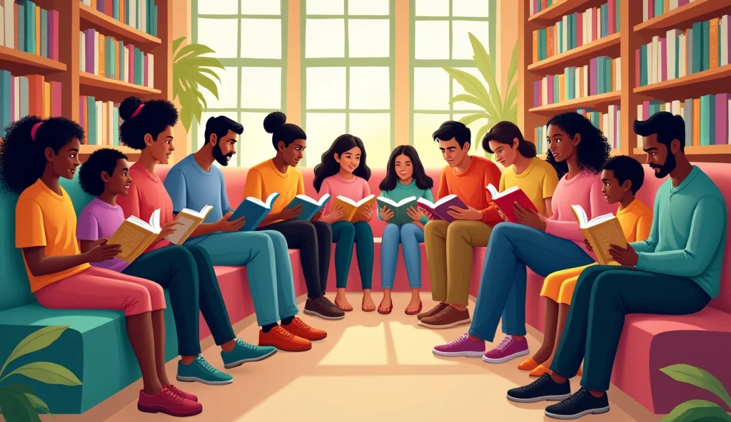 colorful illustration of white people and black people, a person in a wheelchair, children, ELDERLY, natives, everyone in a public library with open books in their hands 