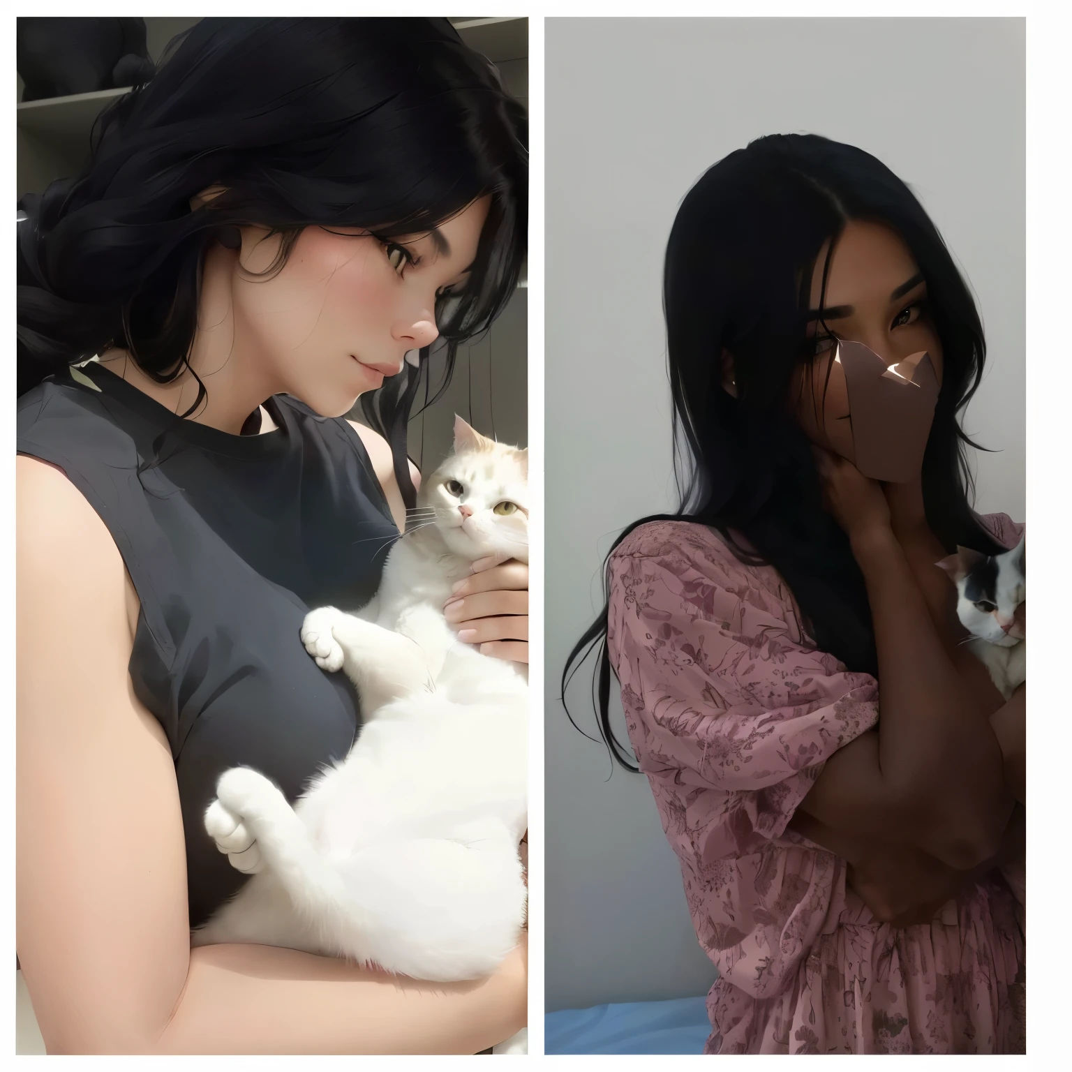 there are two pictures of a Woman holding a cat and a Woman holding a cat, with same hairstyle, Woman / cat hybrid, Woman and cat, There is a cat next to her, with her long black hair, human cat hybrid, holding a cat, she is holding a cat in her arms, emo girl and her cat, with cats on her side