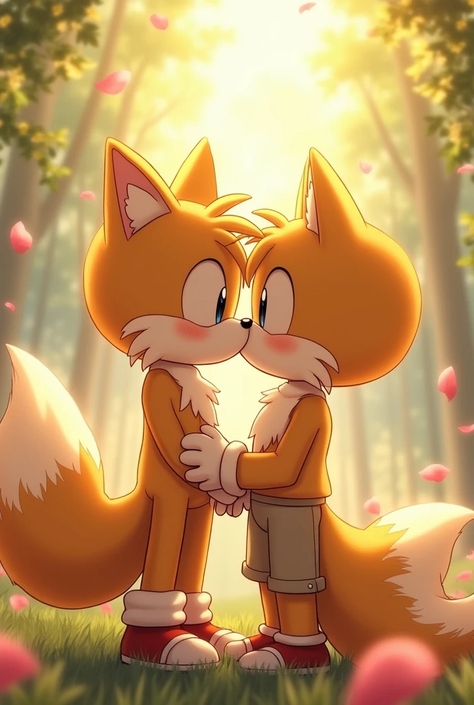 Tails the fox kissing a human boy