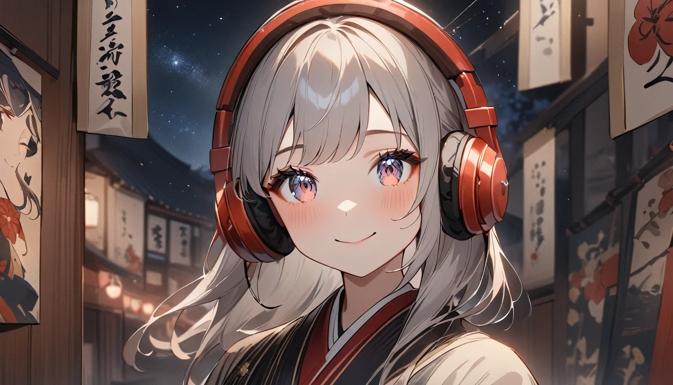 A wall with pictures of flowers on a white wall, Wall with artistically painted pink flowers, adorable girl, cute face, ash gray haine eyes, silence, zazen, costumes with intricate decorations, highest quality, best image quality, masterpiece:1.3, portrait, 8K, perfect lighting, professional photographer, ((headphones)), ((background: night, starry sky)), ((ukiyo-e style)), ((smile)), ((1 girl)),