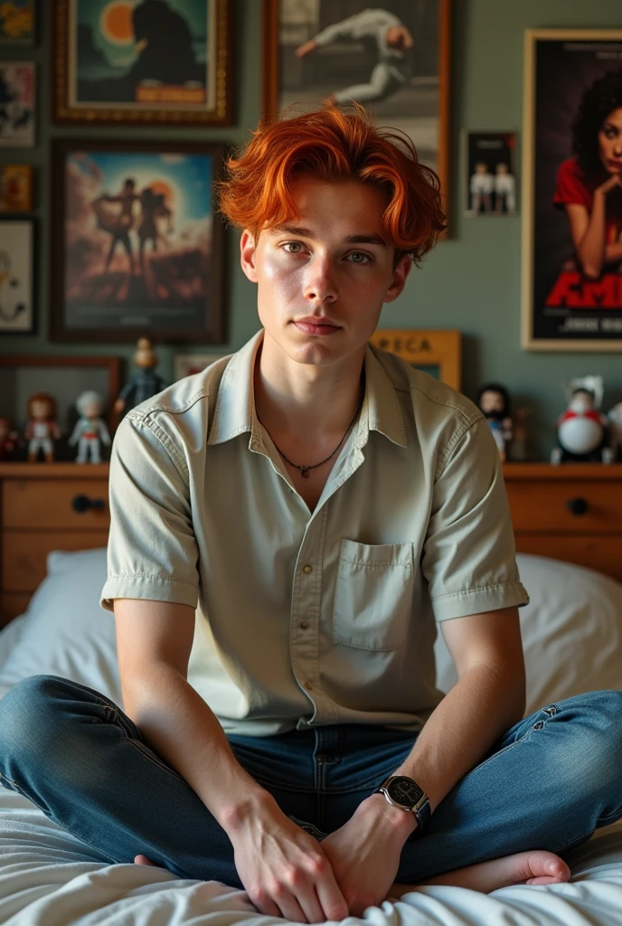Um homem brasileiro, Youngh,de 25 anos, with red hair, with light brown eyes, realisitic, sitting on your bed in your room with decorations from series and movies 