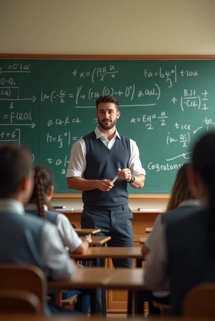 white man of average build, Strong and young man teaching math in a school in front of the blackboard and you can see the students sitting there paying attention