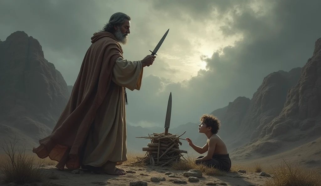 A dramatic image of Abraham with Isaac, on a makeshift altar, with an expression of emotional conflict. The background features a barren mountain and a cloudy sky., symbolizing the tension of the moment. The colors are dark, with shades of gray and brown.