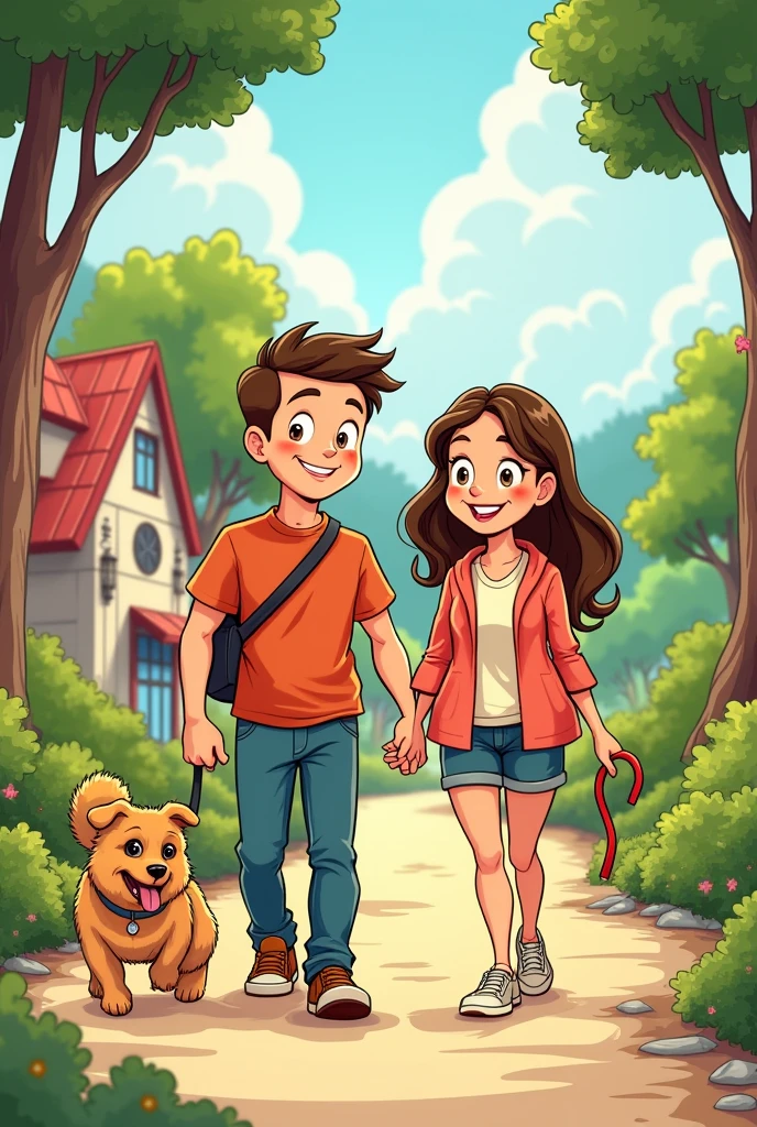 Dog walking couple cartoon 