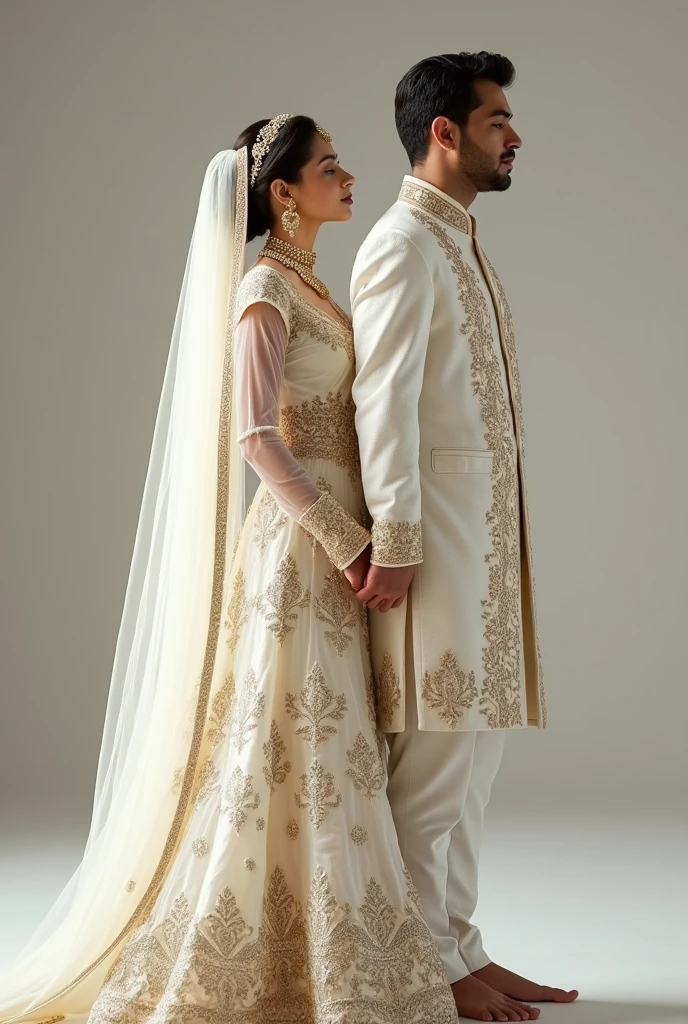 a bride and groom standing next to each other in white outfits, nikkah photo,traditional white and golden  clothes, traditional clothing, lovely couple, distant full body view, very beautiful enga style, marriage, bride and groom, intertwined full body view, view from back angle, very detailed and rich clothing, very clear picture, couple back pose, wearing a nikkah dressa bride and groom standing next to each other in white outfits, wedding photo, traditional clothes, traditional clothing, lovely couple, distant full body view, very beautiful enga style, marriage, bride and groom, intertwined full body view, by Ismail Gulgee, very detailed and rich clothing, very clear picture, couple pose, wearing a lehnga dress