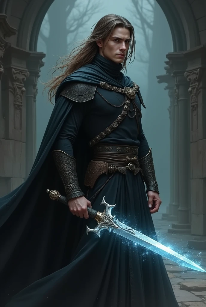 A 20 year old European warrior male with long brown hair and brown eyes without a glowing beard wearing a full black dress 
holding a magic break sword standing in a dark place and looking to the left
