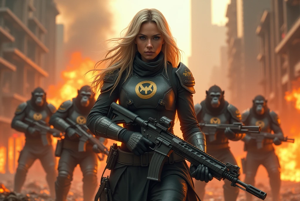 Warrior woman with a gun in a burning city with MYM on her clothing defended by an army of tactical gorillas carrying guns with MYM logo 