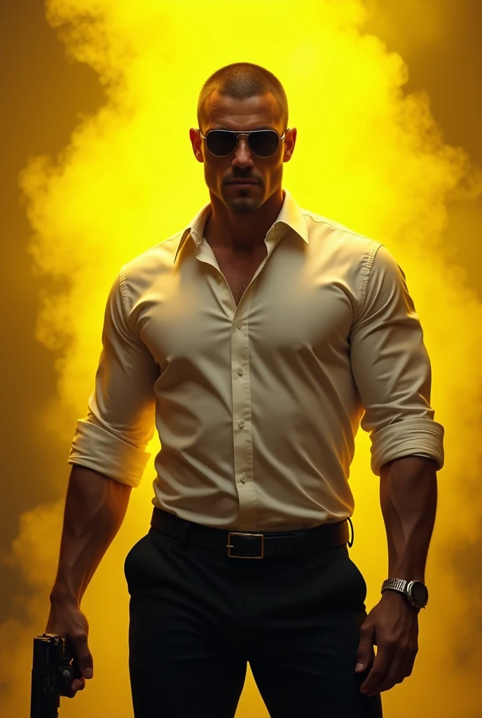 Brutal, handsome man crew cut hair wearing sunglasses, white shirt and black pants,, smokey yellow on the background 