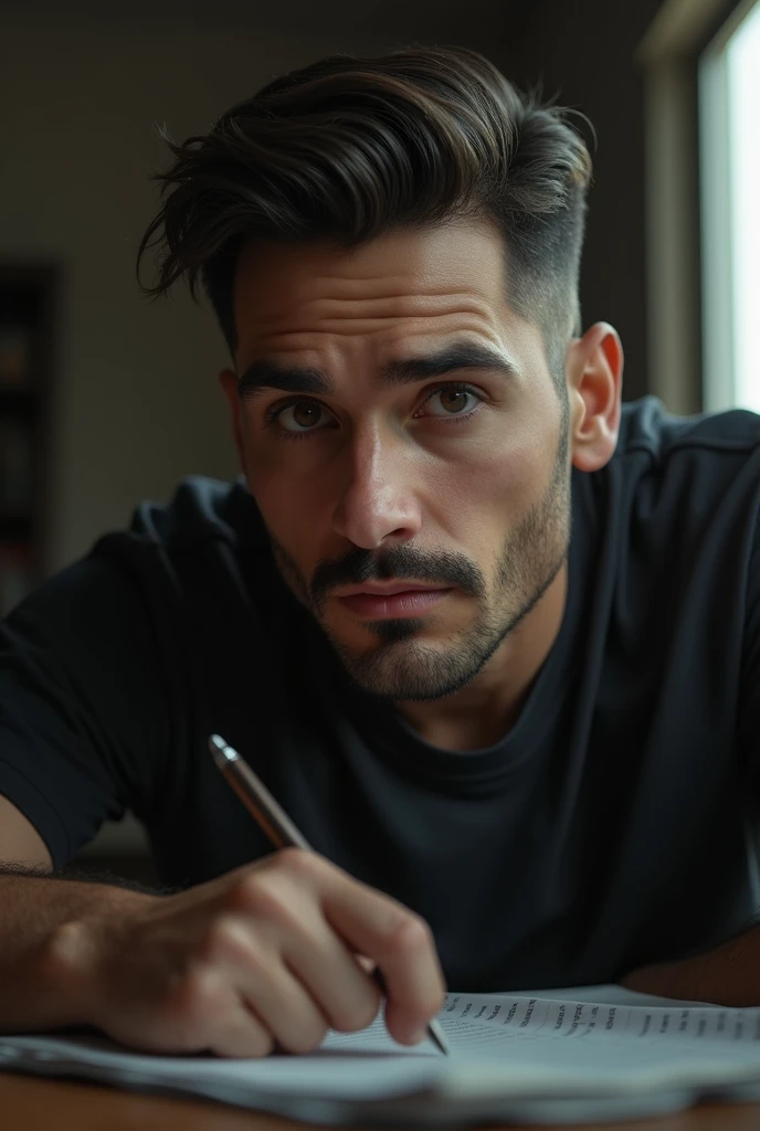 (photorealism:1.2), The person's face shows a focused expression, with a slight furrow in their brow indicating deep thought. They have a well-groomed mustache but no beard, as they have recently shaved it. The lack of a beard highlights their strong jawline. Their eyes appear to be directed slightly downward, possibly looking at the paper or lost in contemplation. The overall expression is serious and reflective.