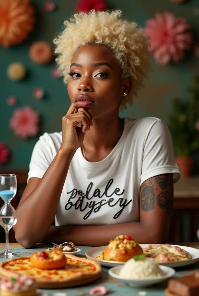 Create a 4k portrait of a 2 realistic dreamy light-skinned female, with black features such as nose and lips approximately 5'1" tall, with blonde, short curly puff moisturized juicy curly hair. She is sitting at a table testing various foods, including pasta, seafood, donuts, cocktails, pizza, rice, and steak, with each dish clearly displayed. She is wearing a shirt with 'Palate Odyssey' spelled out correctly. Her right arm features a tattoo with three skulls and an hourglass with blue sand falling through it. The scene is set in magical and adventurous 