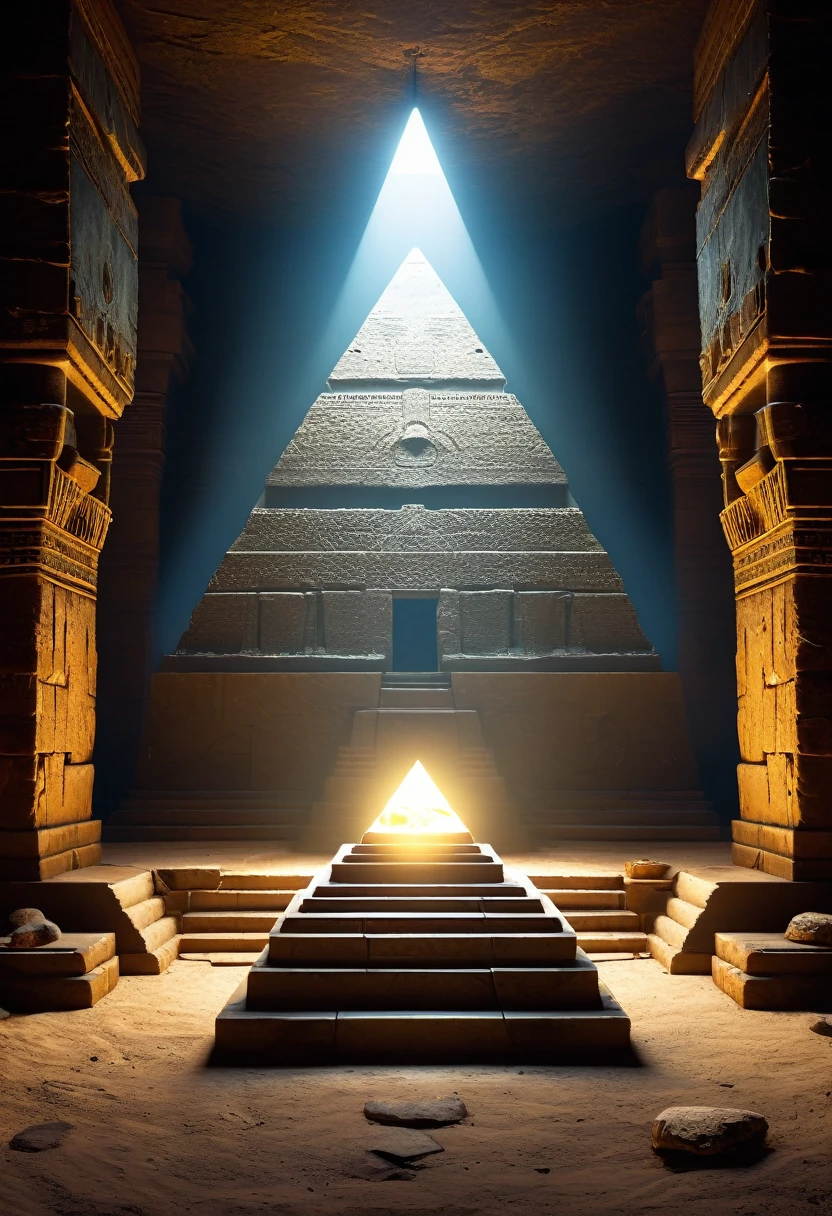 Make an old chamber where in the middle there is a stone sacriphagous, while the light from above shines on it, and above you can see a pyramid 