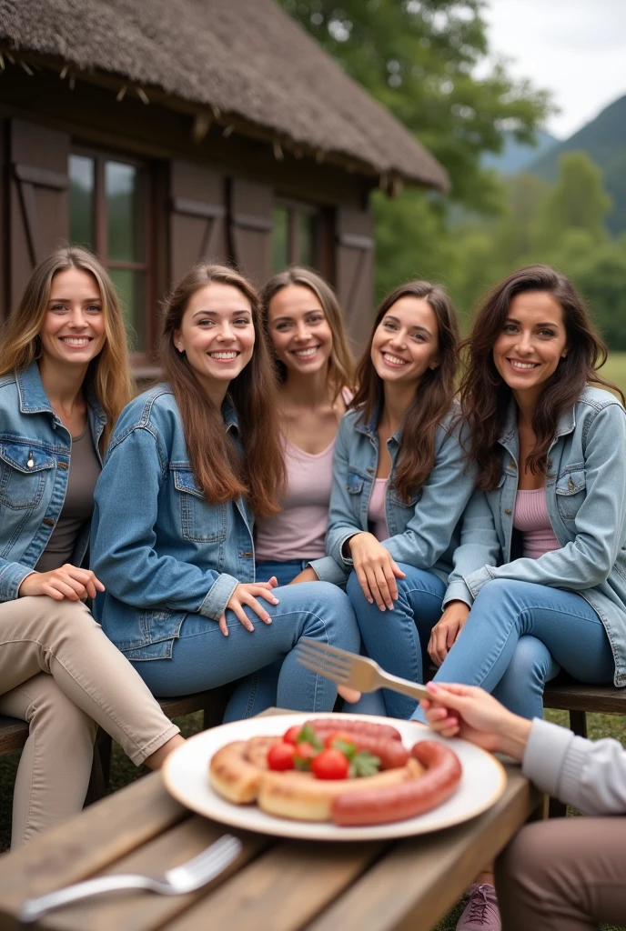 7 beautiful European women, his body is quite normal, light skin, middle nose, Fell, nice hair, wear a denim jacket, long trousers, wears pink sneakers, Sit down, Essposition, There are sausages on the table, his hand holds a huge fork, happy face in front of the camera, in front of the country house, Morgenlaune, minimal defects, muito detalhado, realisti, 8k image