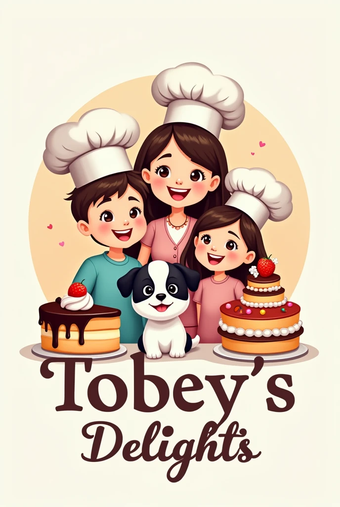 logo of woman with her teenage daughter and with her teenage son and with her baby dog with black head and white body, all with chef hats and surrounded by cakes and with the phrase "Tobey's Delights"