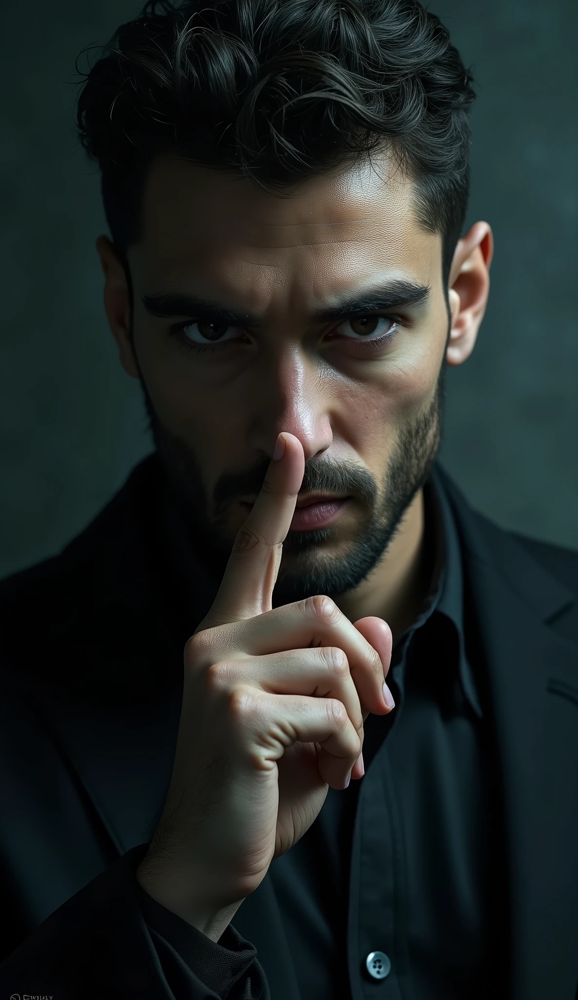 The cover of a book. A man with half of his face visible, making a silence gesture with one finger.
