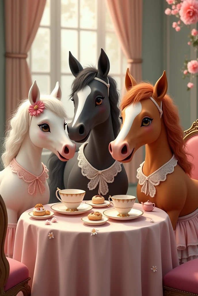 Draw five cute horses having tea together. Two are white, one is black, one is orange, one is brown. Put feminine clothes on them.